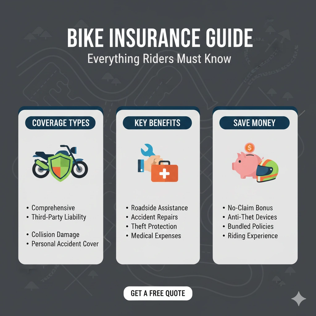 Motorcycle rider reviewing bike insurance details on a smartphone, showing coverage options, policy benefits, and financial protection.