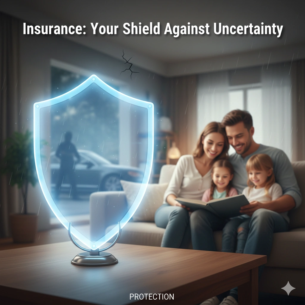 Family protected under an insurance shield representing financial security and protection against unexpected risks.