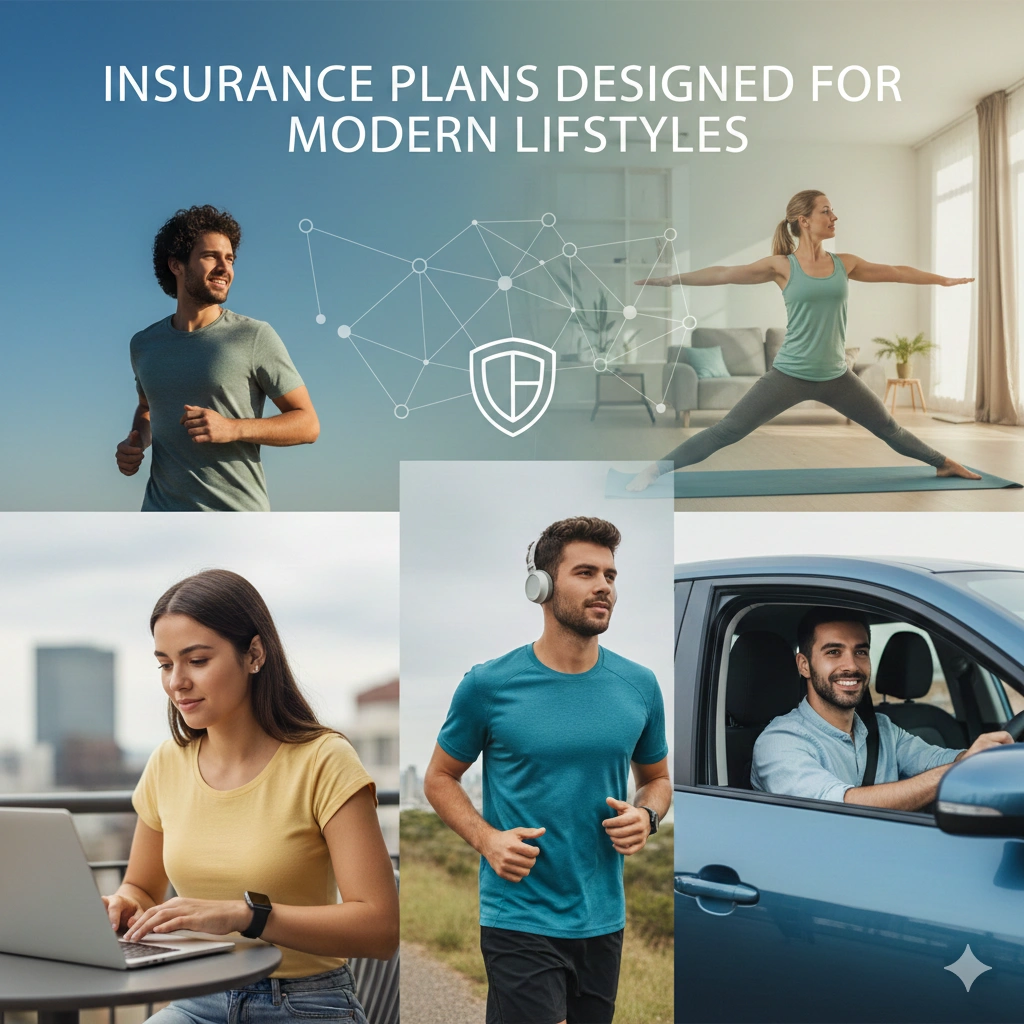 Insurance plans designed for modern lifestyles showing digital insurance access, health protection, financial security, remote work, travel, and family safety.