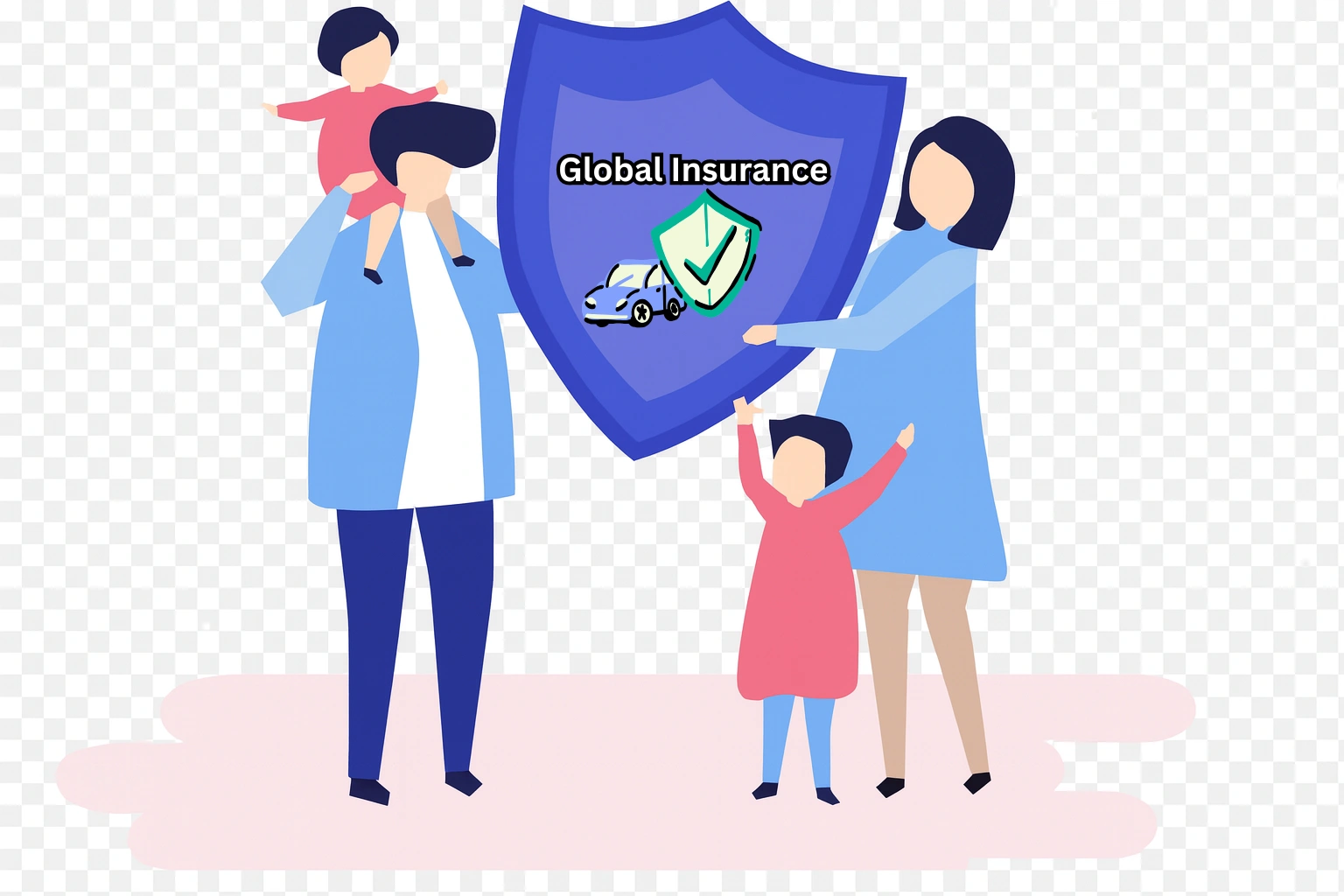 family protection insurance illustration, life insurance concept family shield, health insurance family coverage, global insurance protection family, parents and children safety shield, financial security family illustration