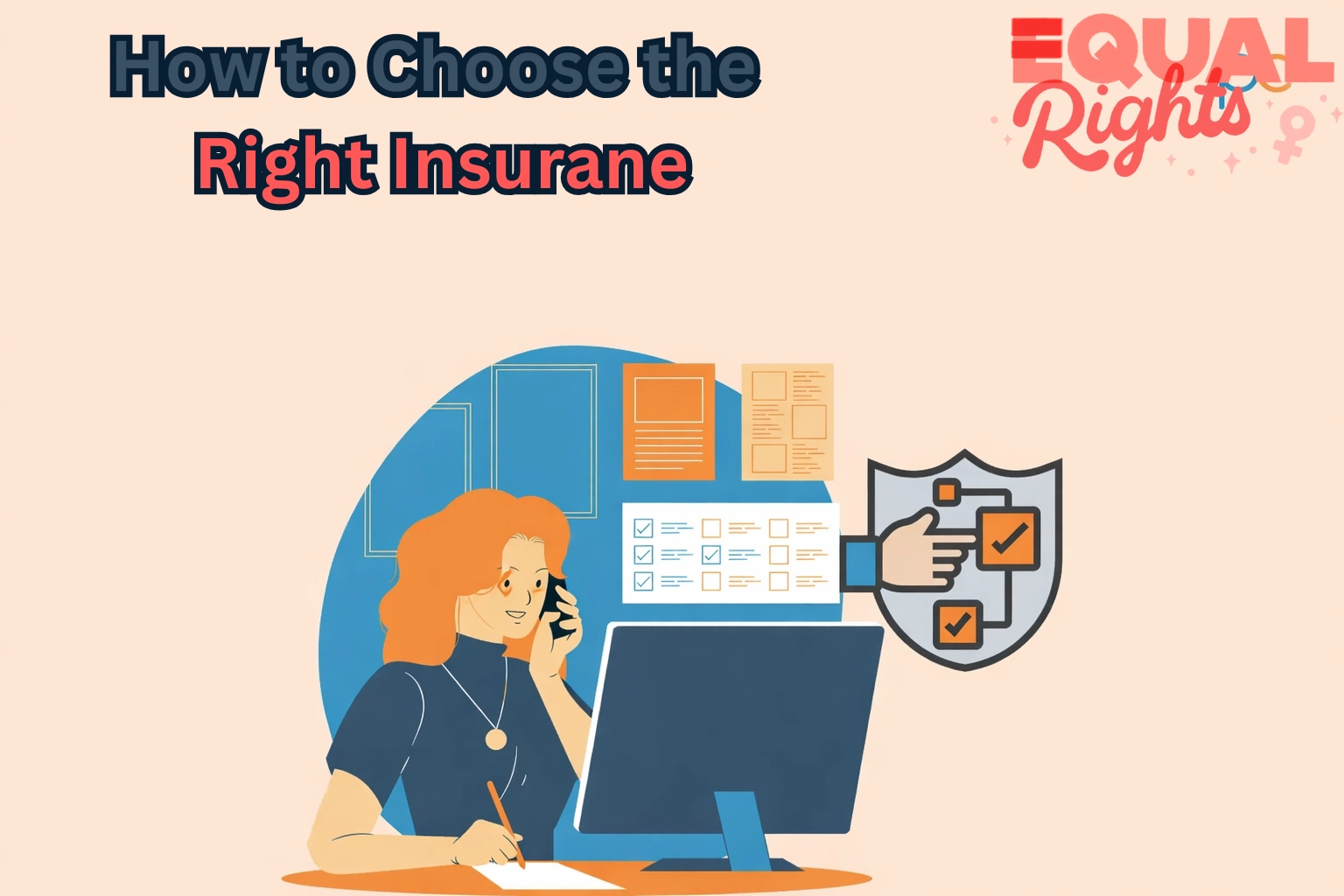 illustration showing a person comparing insurance plans on a computer with policy checklist and protection shield to choose the right insurance coverage