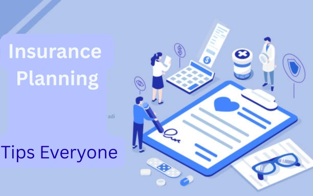 insurance planning tips illustration showing people reviewing insurance documents, medical icons, calculator, and policy checklist for financial protection
