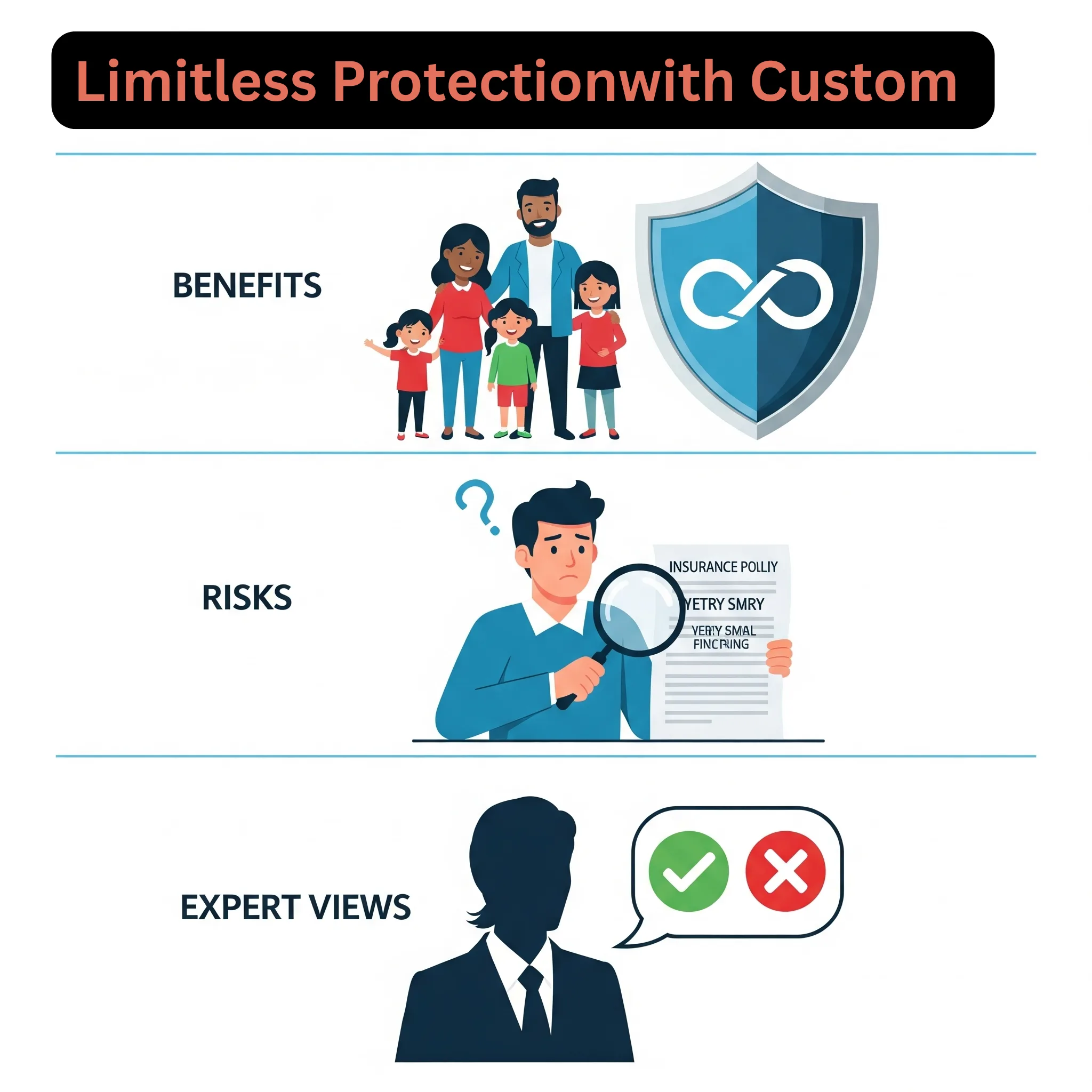 Illustration showing the concept of custom insurance with three sections: a family with a protection shield representing benefits, a confused man examining an insurance policy representing risks, and a silhouette of an expert giving approval and disapproval symbols representing expert views.
