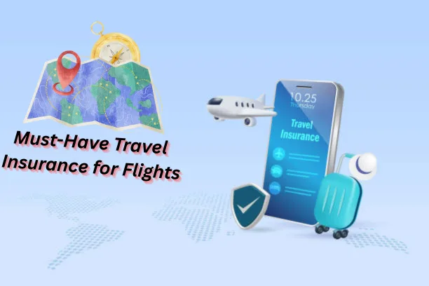 “Traveler holding passport, luggage, and travel insurance documents with airplane icons in the background, symbolizing protection for flights, tours, and vacations.”