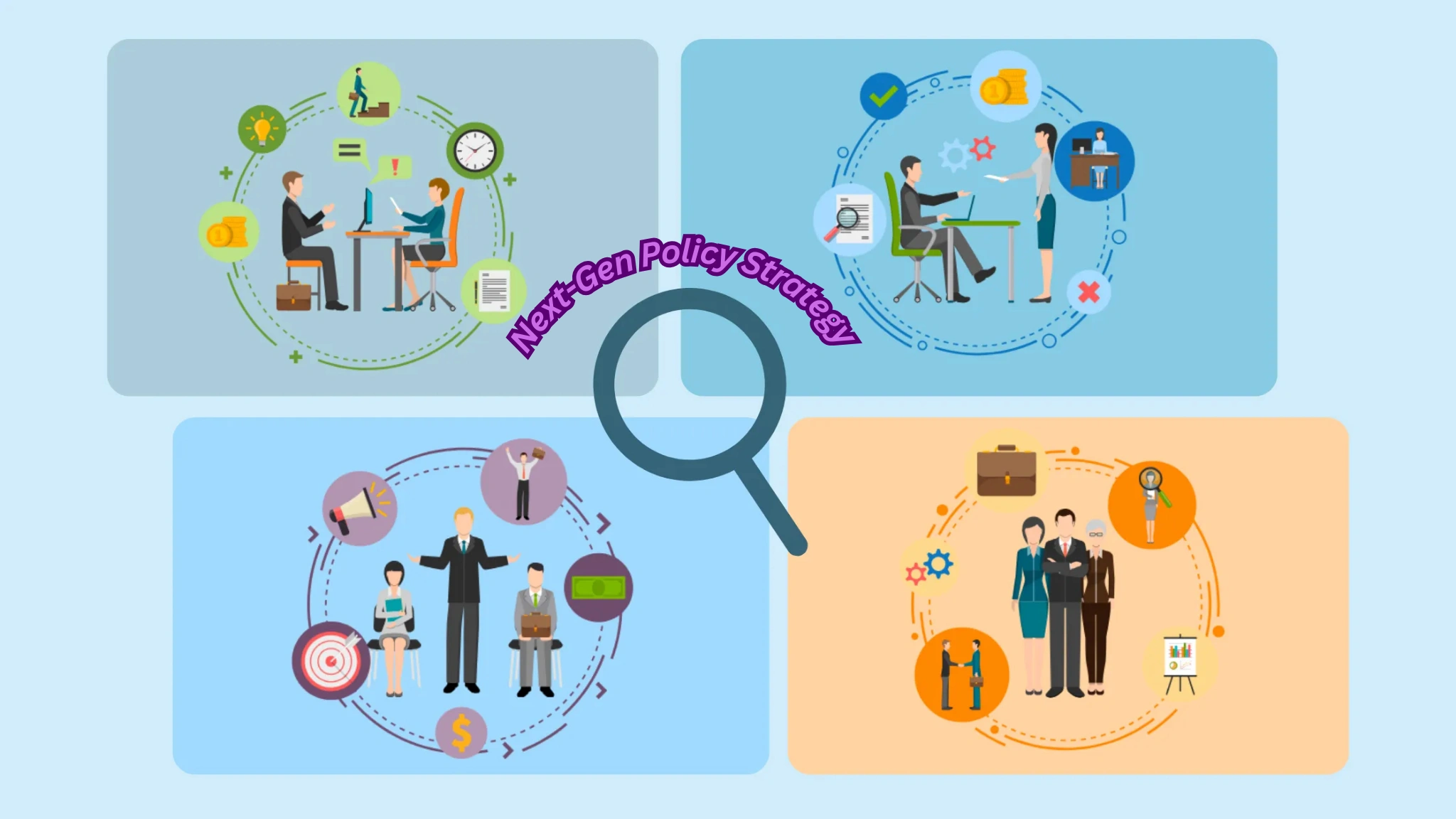 Illustration of a next-gen policy strategy and accuracy specialist analyzing digital data charts and planning precision-focused, future-ready protection.