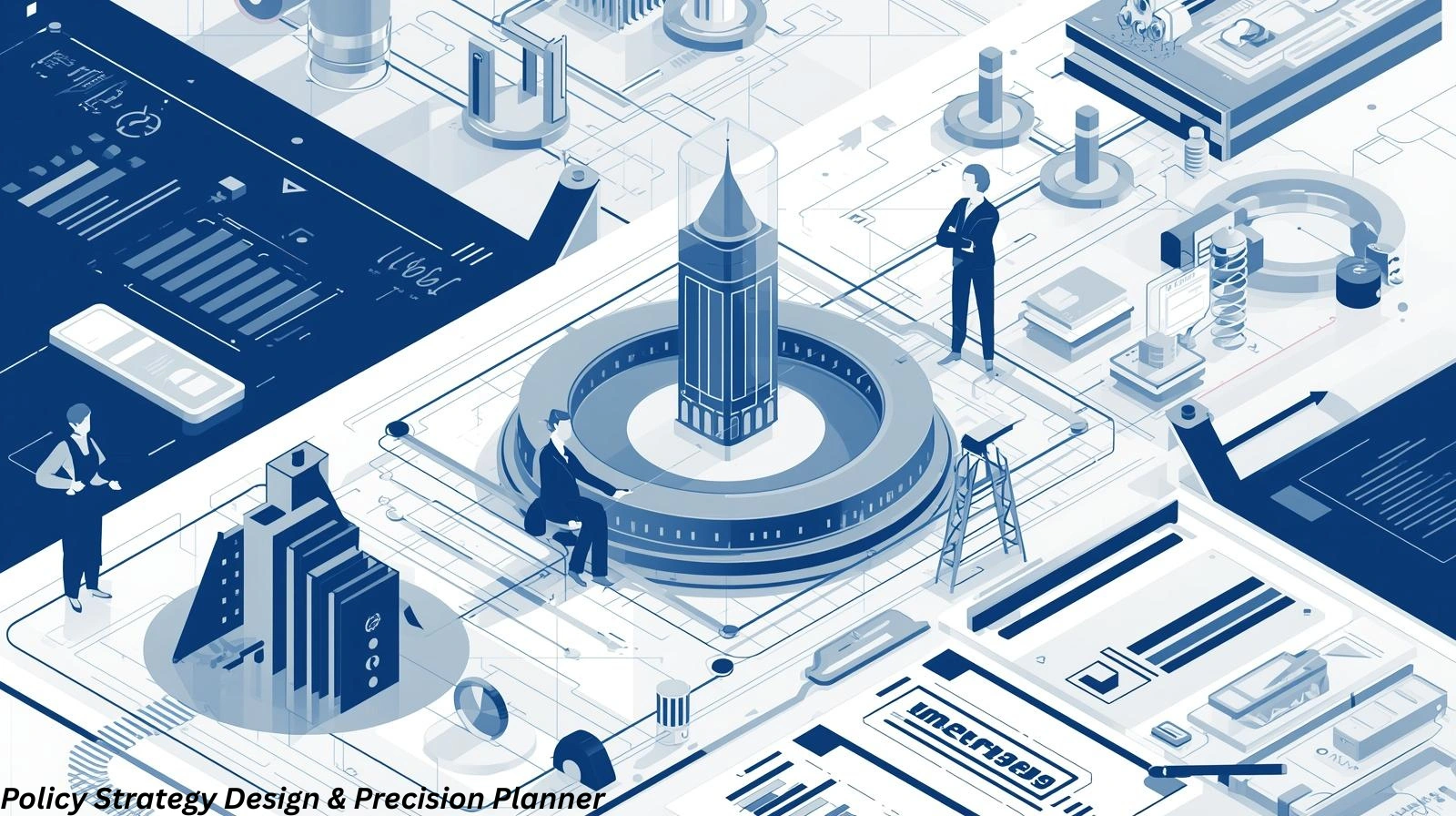 Illustration representing a Policy Strategy Design & Precision Planner analyzing charts, strategic icons, and policy structures to create accurate and modern protection plans.