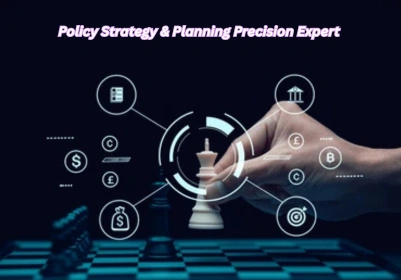 Illustration representing a Policy Strategy & Planning Precision Expert analyzing data, developing policies, and creating modern solutions for emerging business risks.