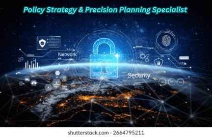 Illustration showing a Policy Strategy Design & Precision Planner analyzing policy data, risk charts, and strategic insights using advanced digital tools.