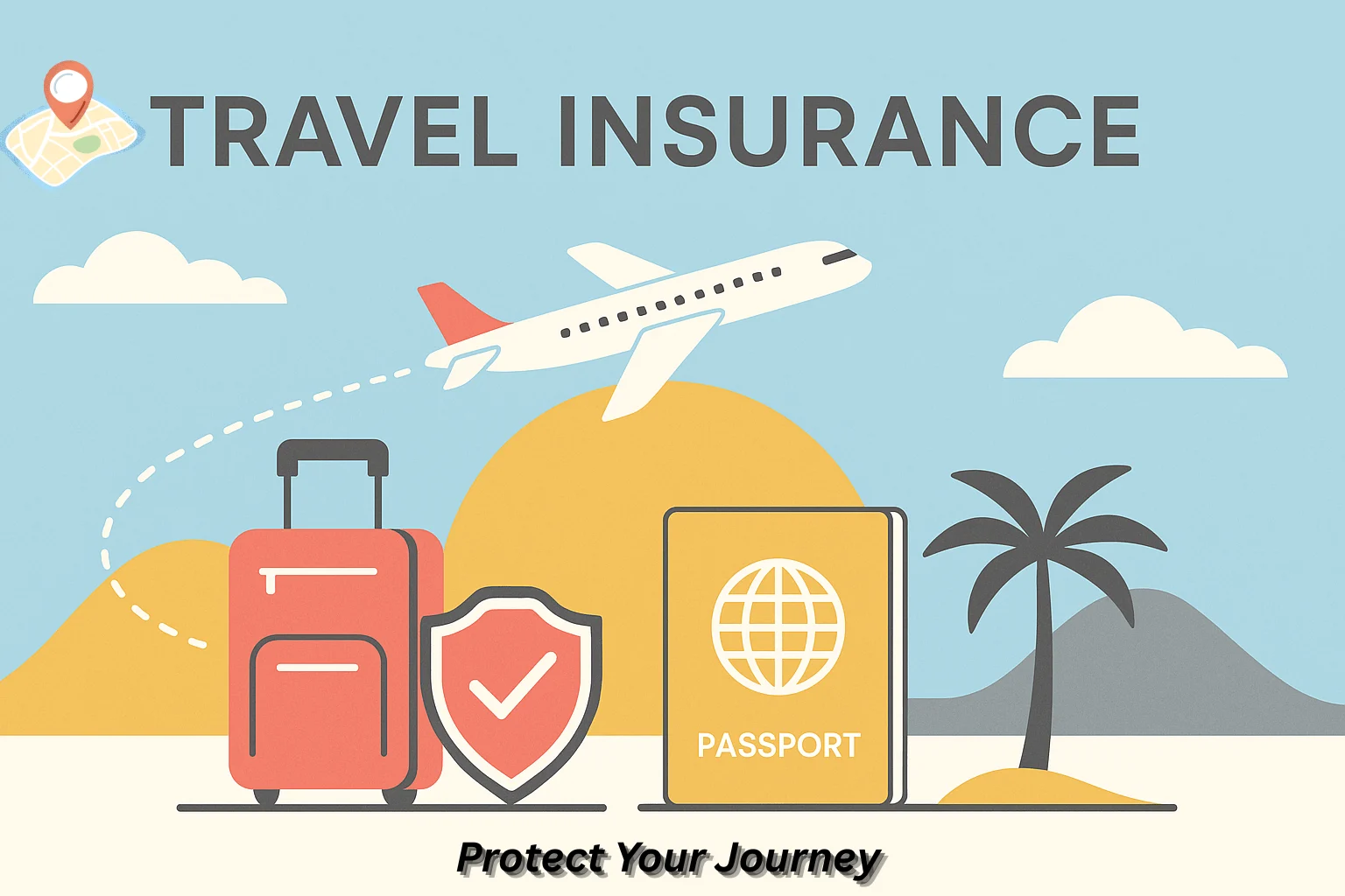 "Illustration showing travel insurance concepts, including family protection, risks, and expert views with icons of shield, documents, and checkmark symbols."