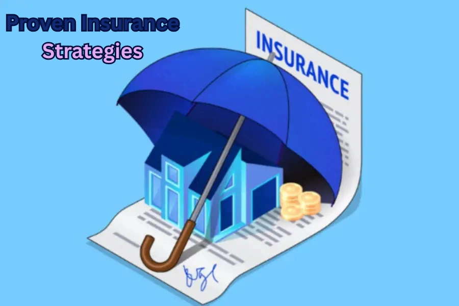 Illustration showing an umbrella protecting buildings and coins placed on an insurance document, representing proven insurance strategies for financial protection