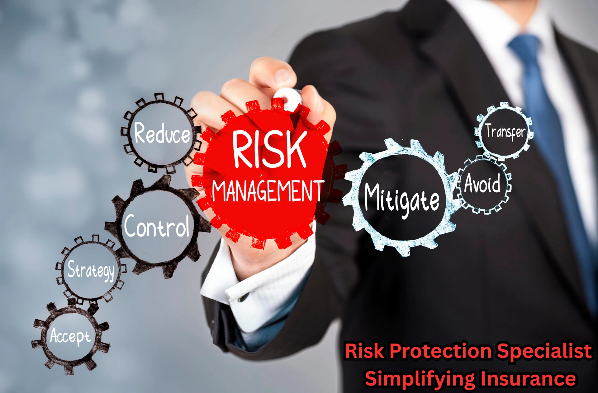 “Professional Risk Protection Specialist explaining insurance plans to clients with documents and charts on a desk.”