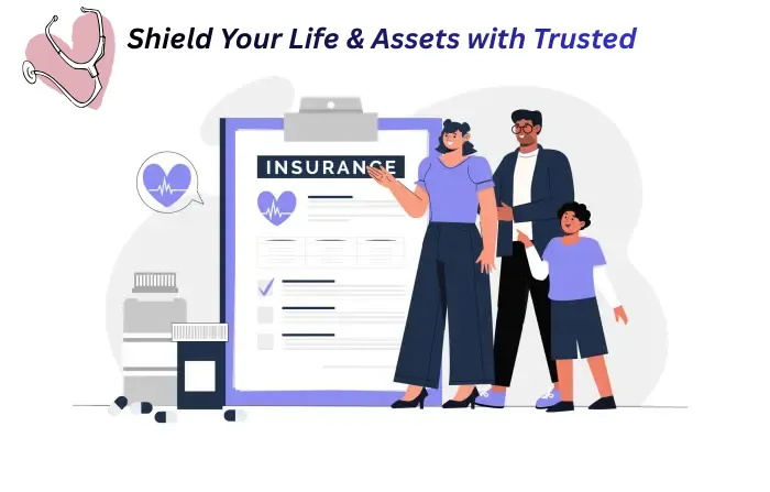 Illustration of a family standing beside a large insurance document, symbolizing health and life insurance protection.