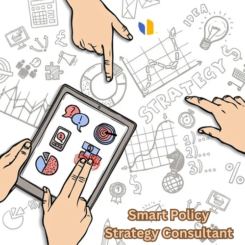 Illustration of a Smart Policy Strategy Consultant analyzing data charts and strategic icons on a digital tablet, surrounded by planning and strategy sketches.