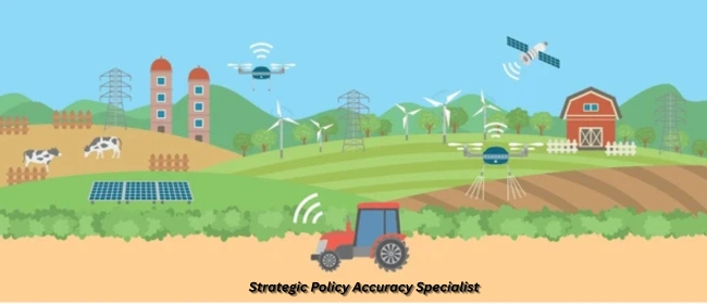 Illustration of a Strategic Policy Accuracy Specialist reviewing data charts and documents to design precise, smart, and future-ready protection plans.