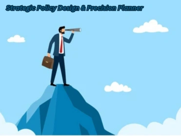 Illustration representing a Strategic Policy Design & Precision Planner analyzing data, risk models, and strategic insights using digital tools.