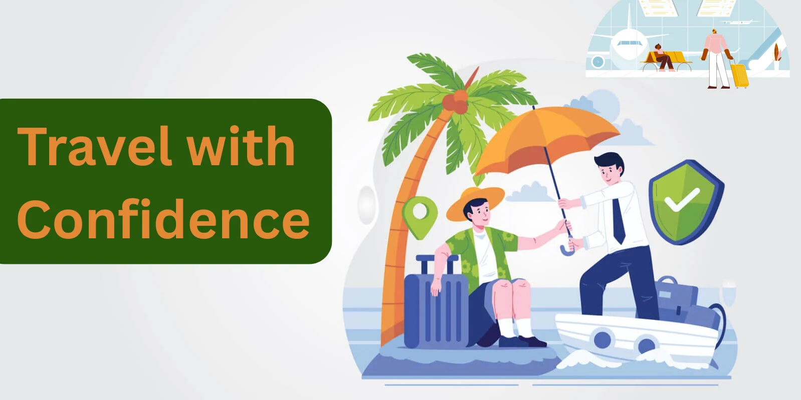 Traveler holding a passport and suitcase with travel insurance documents, symbolizing safe and confident travel planning.