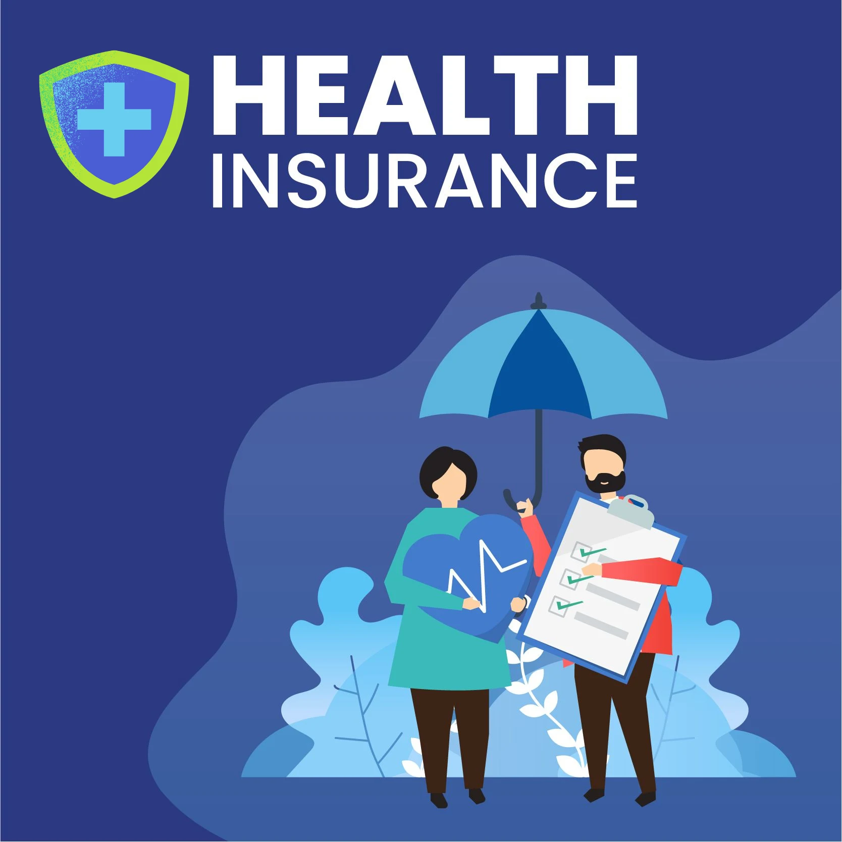 Illustration of two people holding a heart symbol and a checklist under an umbrella, representing health insurance protection.