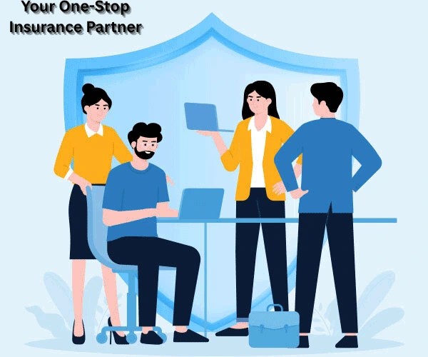 Illustration of four professionals discussing insurance plans in front of a large protective shield symbolizing security.