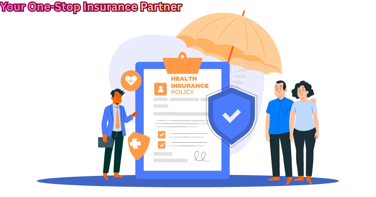 Illustration of an insurance agent presenting a health insurance policy to a couple, with a large umbrella symbolizing protection above them.