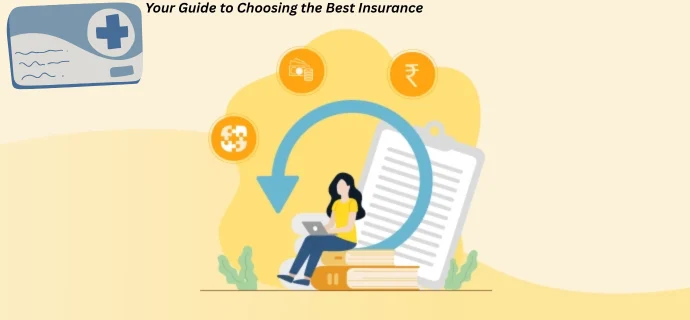 Illustration of a woman researching insurance options on a laptop, surrounded by icons representing money, protection, and policy documents.