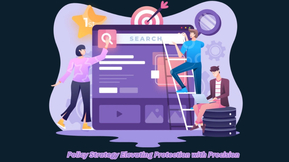 Illustration of a policy strategy and accuracy innovation specialist analyzing data charts, documents, and digital tools to create precision-driven protection plans.