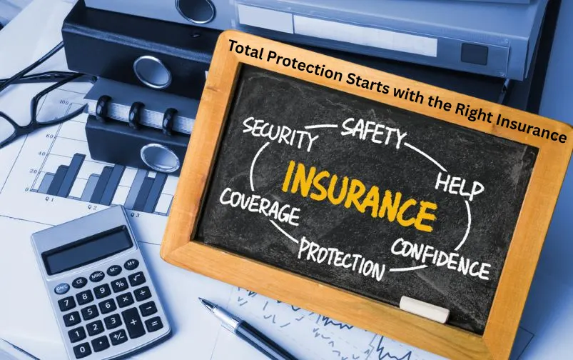 A chalkboard with the word “Insurance” in the center surrounded by related terms like security, safety, help, confidence, protection, and coverage, placed on an office desk with financial documents, a calculator, and binders.
