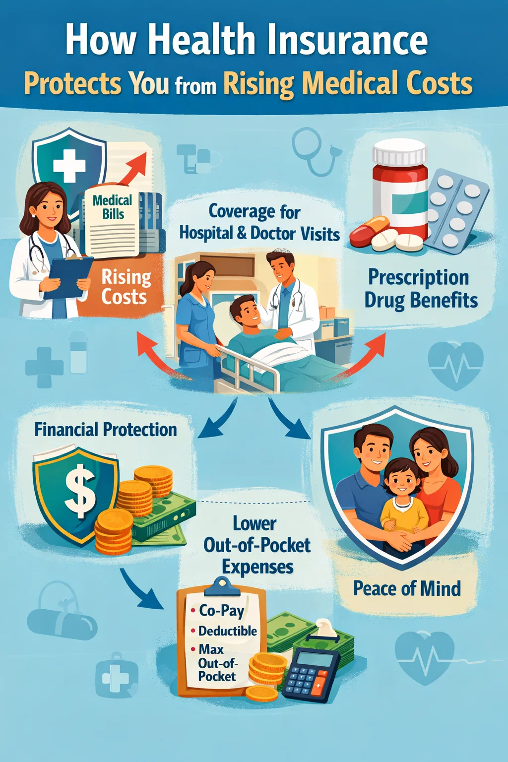 Illustrated infographic showing how health insurance protects against rising medical costs, including hospital coverage, prescription drug benefits, financial protection, lower out-of-pocket expenses, and peace of mind for families.