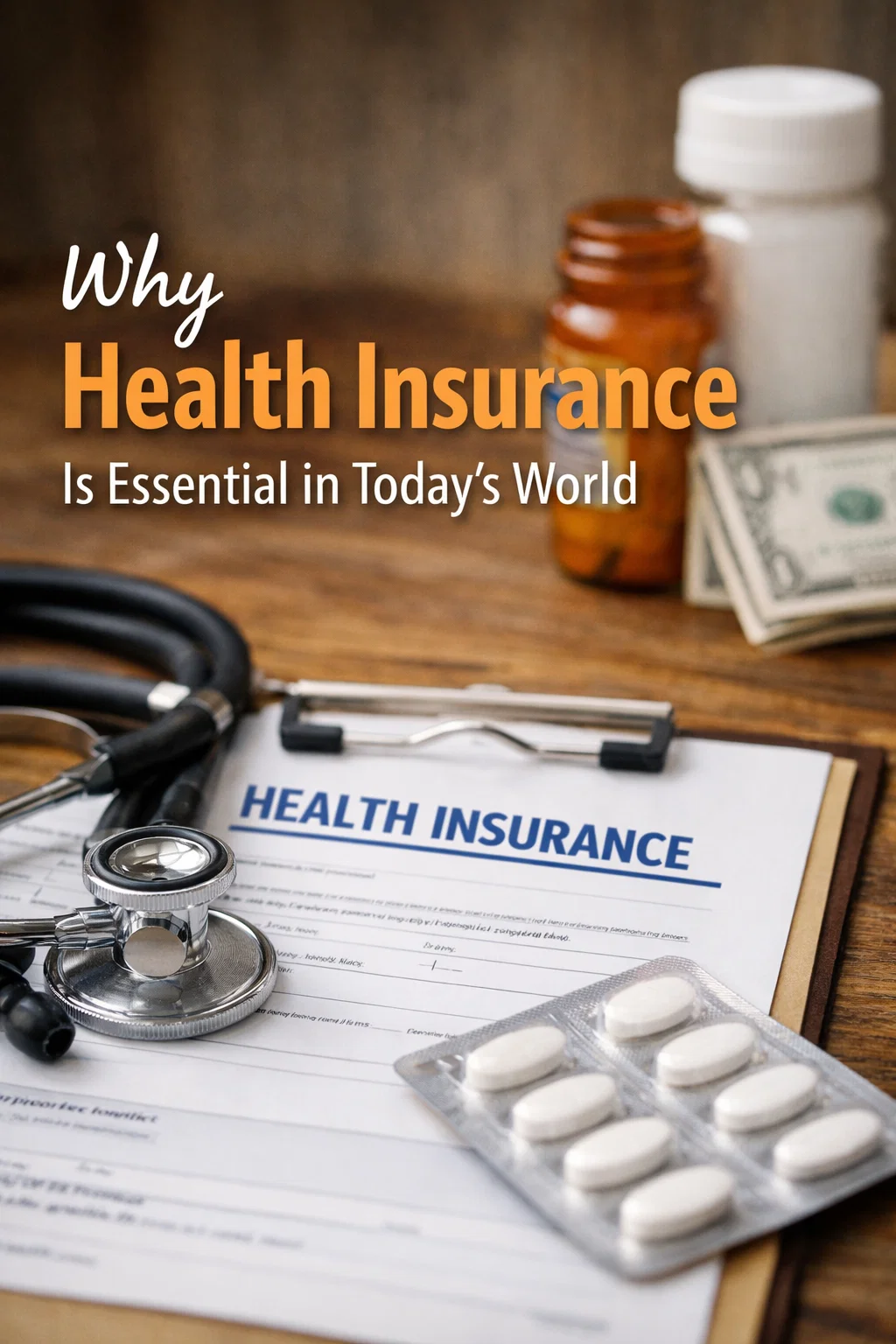 Health insurance document on a clipboard with a stethoscope, medicine tablets, and pill bottles on a wooden table, showing why health insurance is essential today