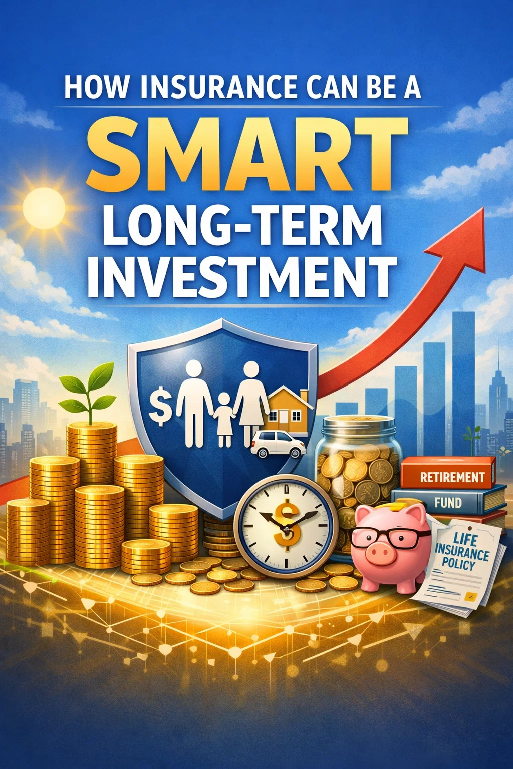 Family protected by insurance shield while long-term investment growth is shown through rising graph and stacked coins.